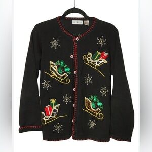 Vintage BP Design black Christmas cardigan sweater sleigh not ugly medium